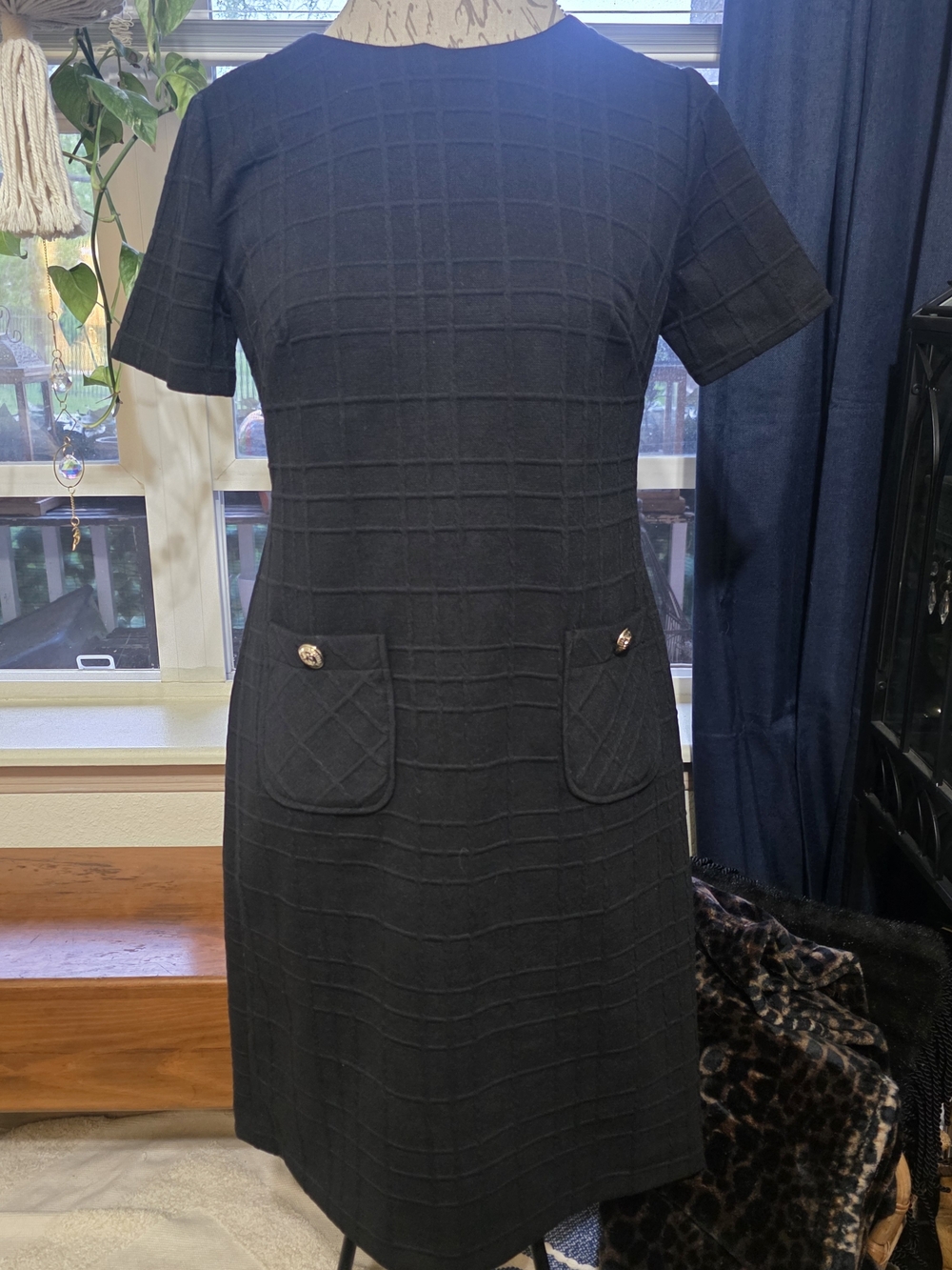 Tommy Hilfiger Black Textured Short-Sleeve Midi Dress